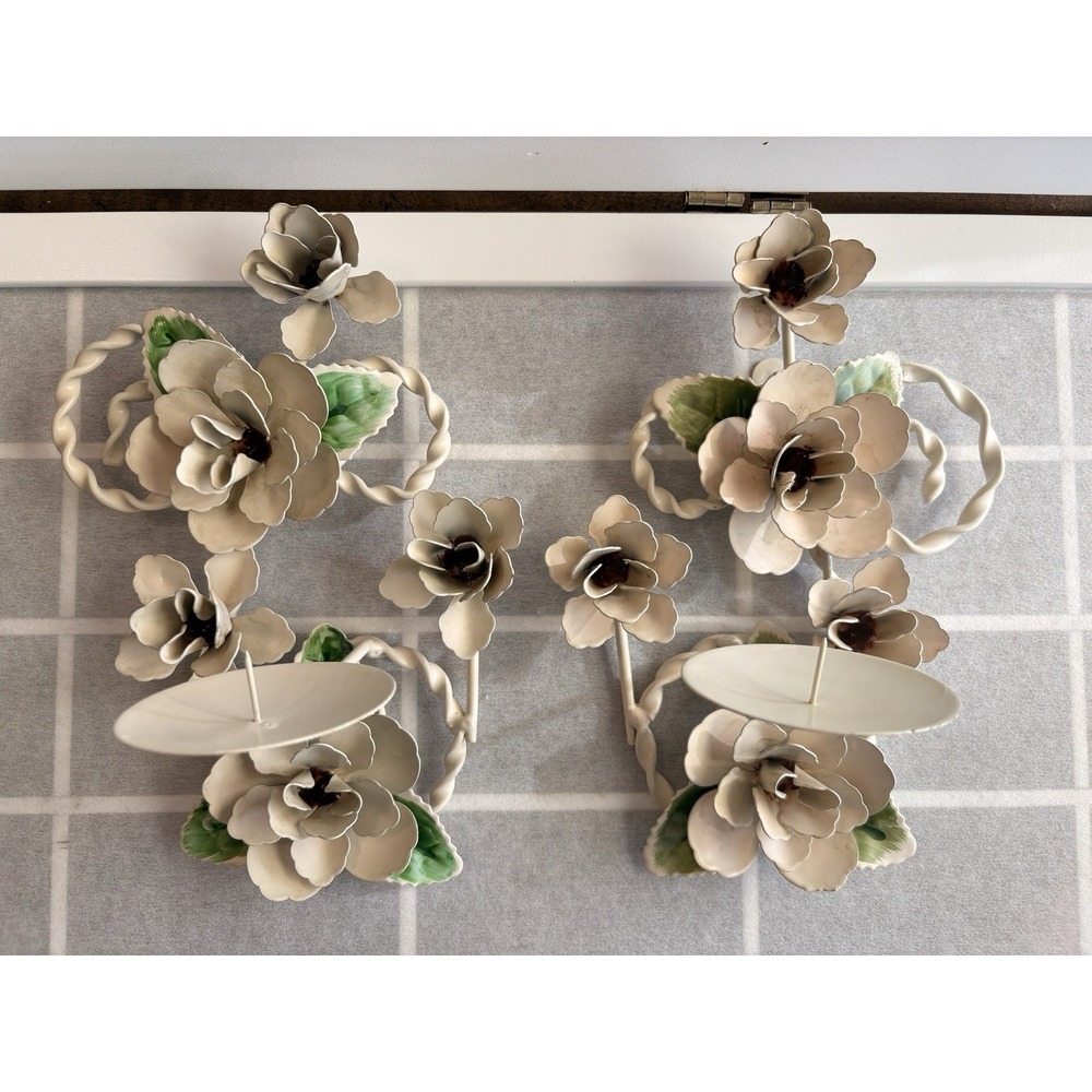 Hollywood Regency Tole Peinte Floral Magnolia Candle Sconces Wall Decor Pair